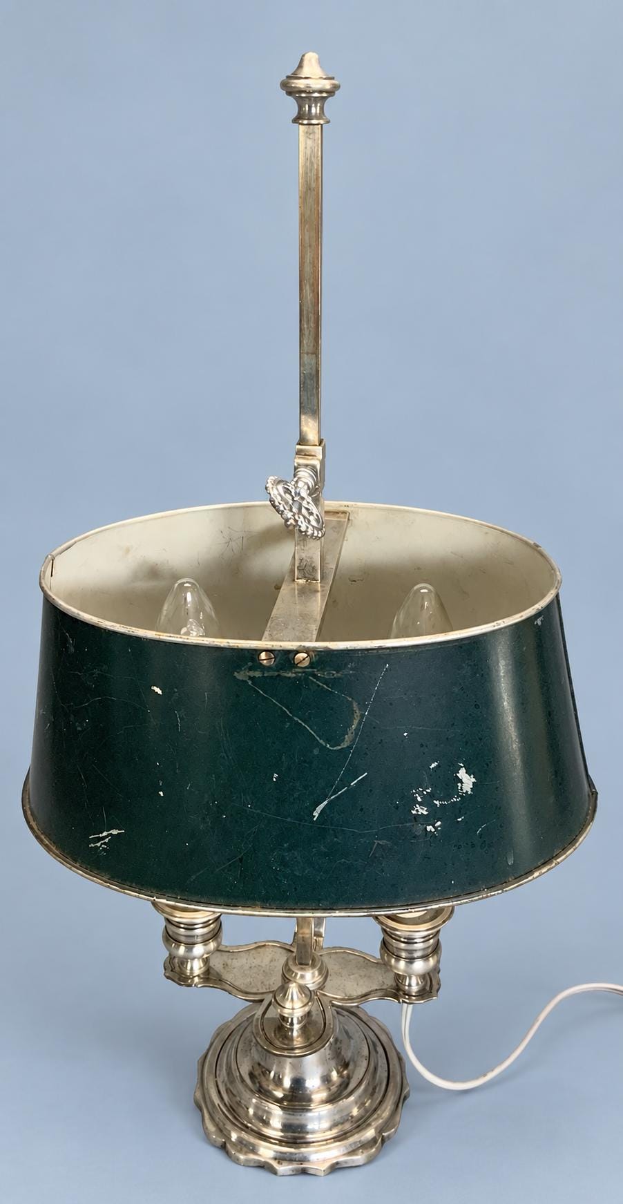 Antique French Two-Light Bouillotte Lamp, Silver-Plated Bronze, Dark Green Tole Shade, Scalloped Base, 46 cm