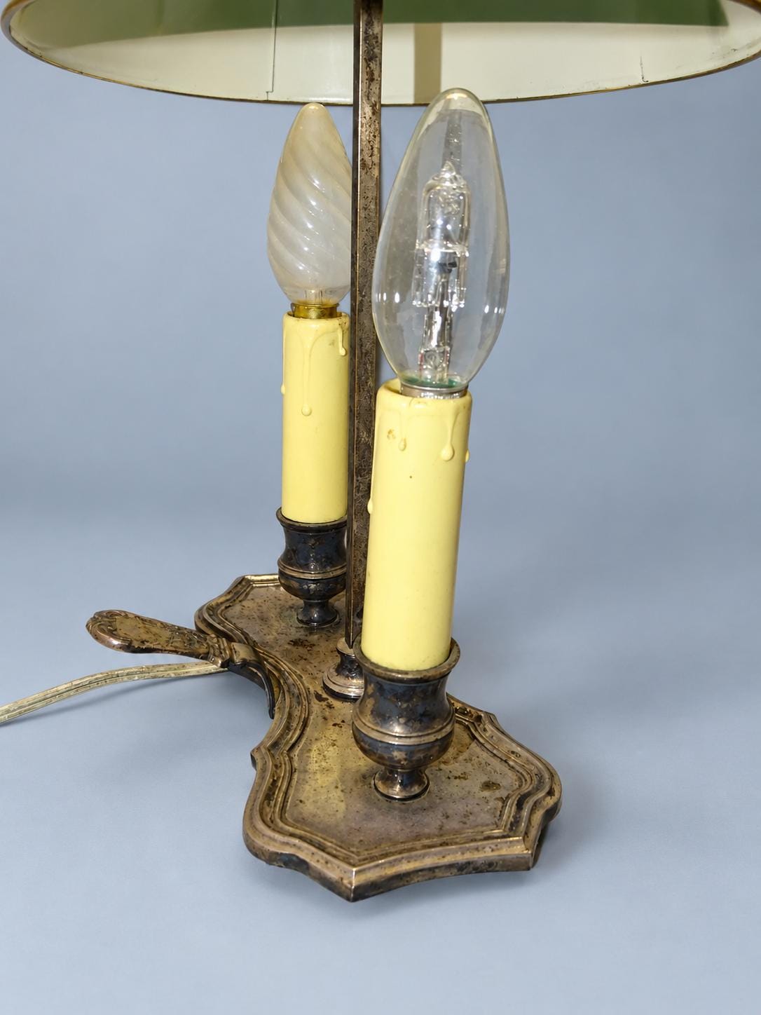 Vintage Bouillotte Two-Light Lamp with Shaped Silver-Tone Base and Dark Green Tôle Shade
