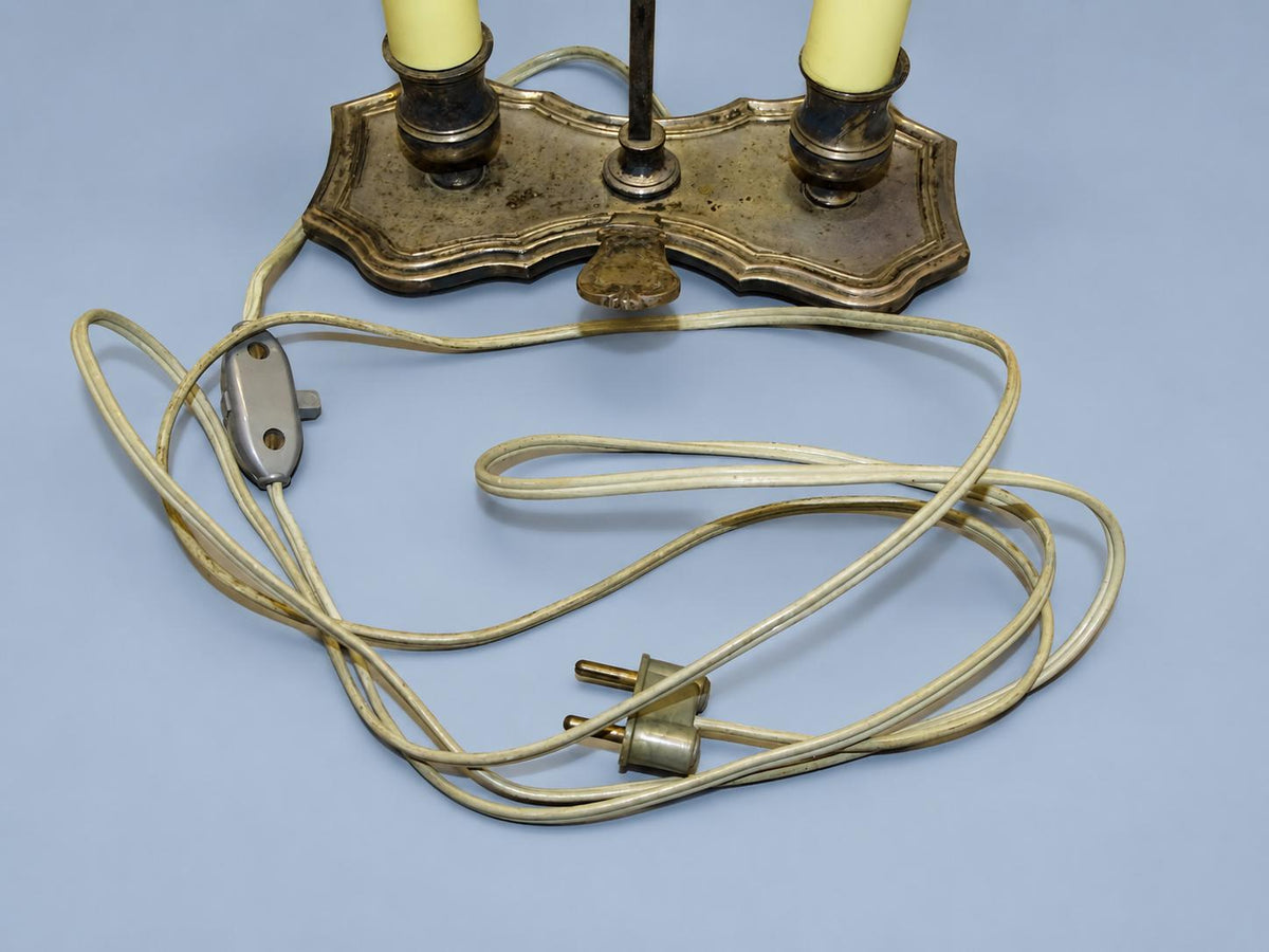Vintage Bouillotte Two-Light Lamp with Shaped Silver-Tone Base and Dark Green Tôle Shade