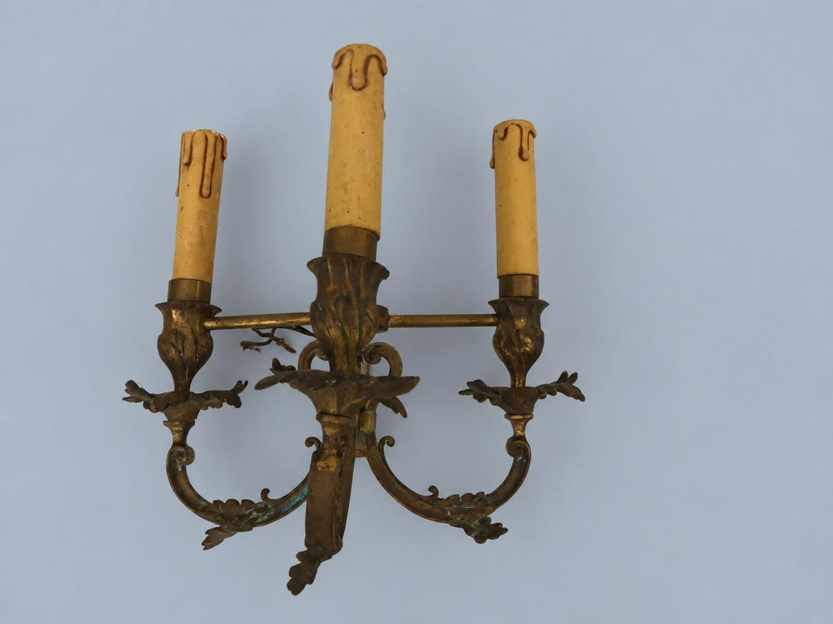 Antique Bronze Three-Arm Wall Sconce, Oak Leaf and Acorn Decor, Louis XVI Style, Aged Candle Sleeves