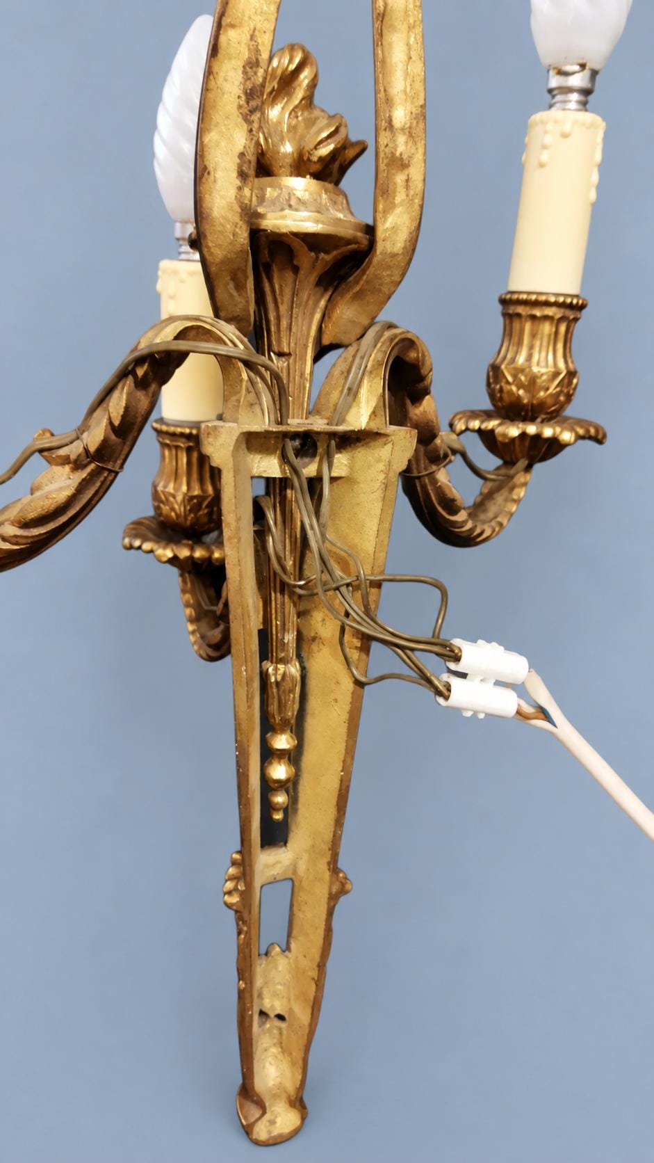 Vintage Louis XVI Style Three-Light Bronze-Tone Torch Wall Sconce with Ribbon Bow Crest