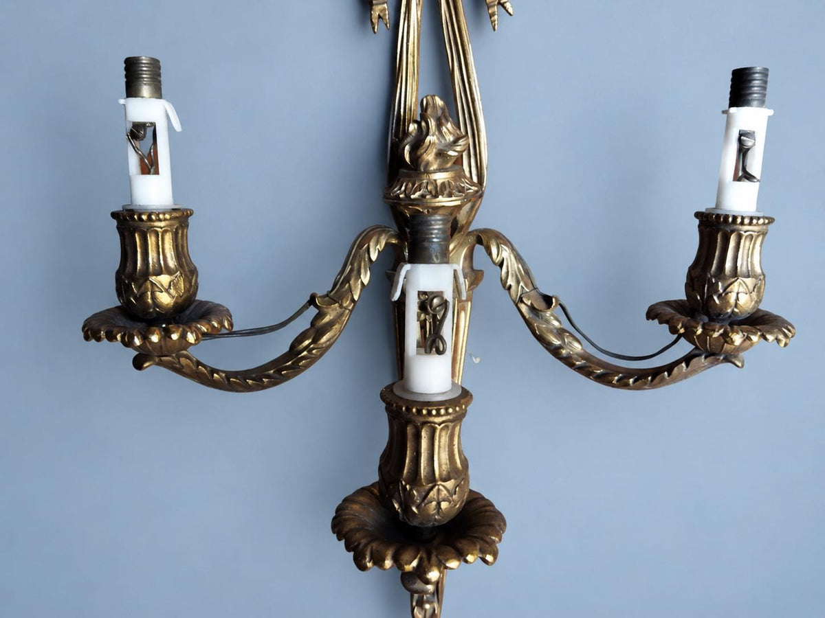 Vintage Louis XVI Style Three-Light Bronze-Tone Torch Wall Sconce with Ribbon Bow Crest