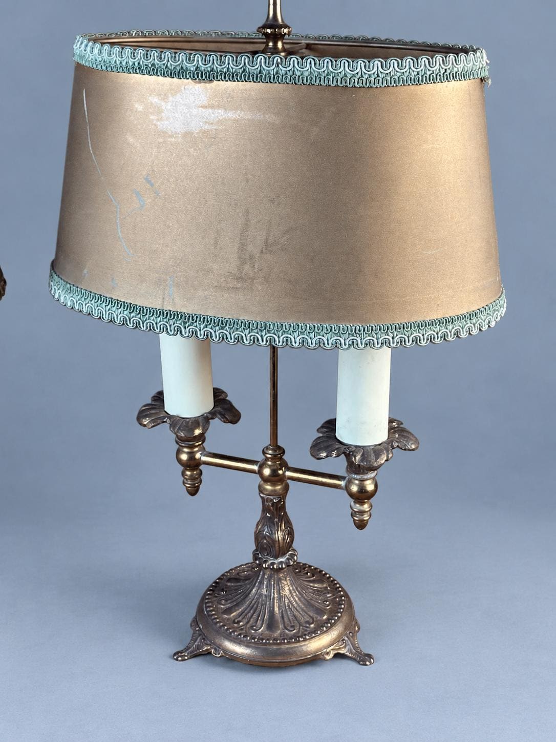 Vintage Bronze Bouillotte Table Lamps Pair, Tan Shades with Blue Braid, Two Arms Each, 37 cm