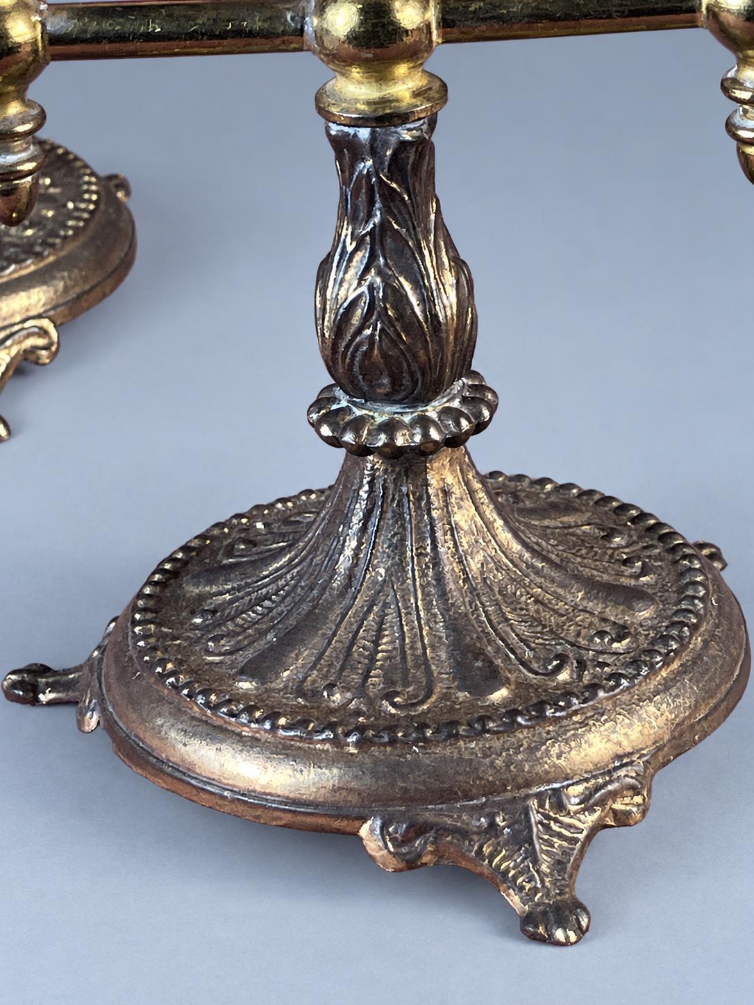 Vintage Bronze Bouillotte Table Lamps Pair, Tan Shades with Blue Braid, Two Arms Each, 37 cm