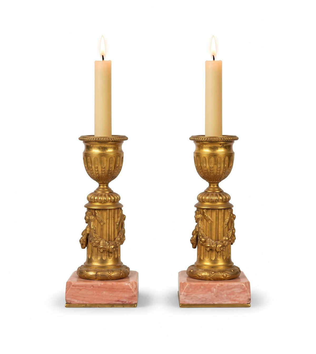 Antique Pair of Louis XVI Style Small Gilt Metal Candlesticks on Pink Veined Stone Plinths, Fluted Columns with Festoons
