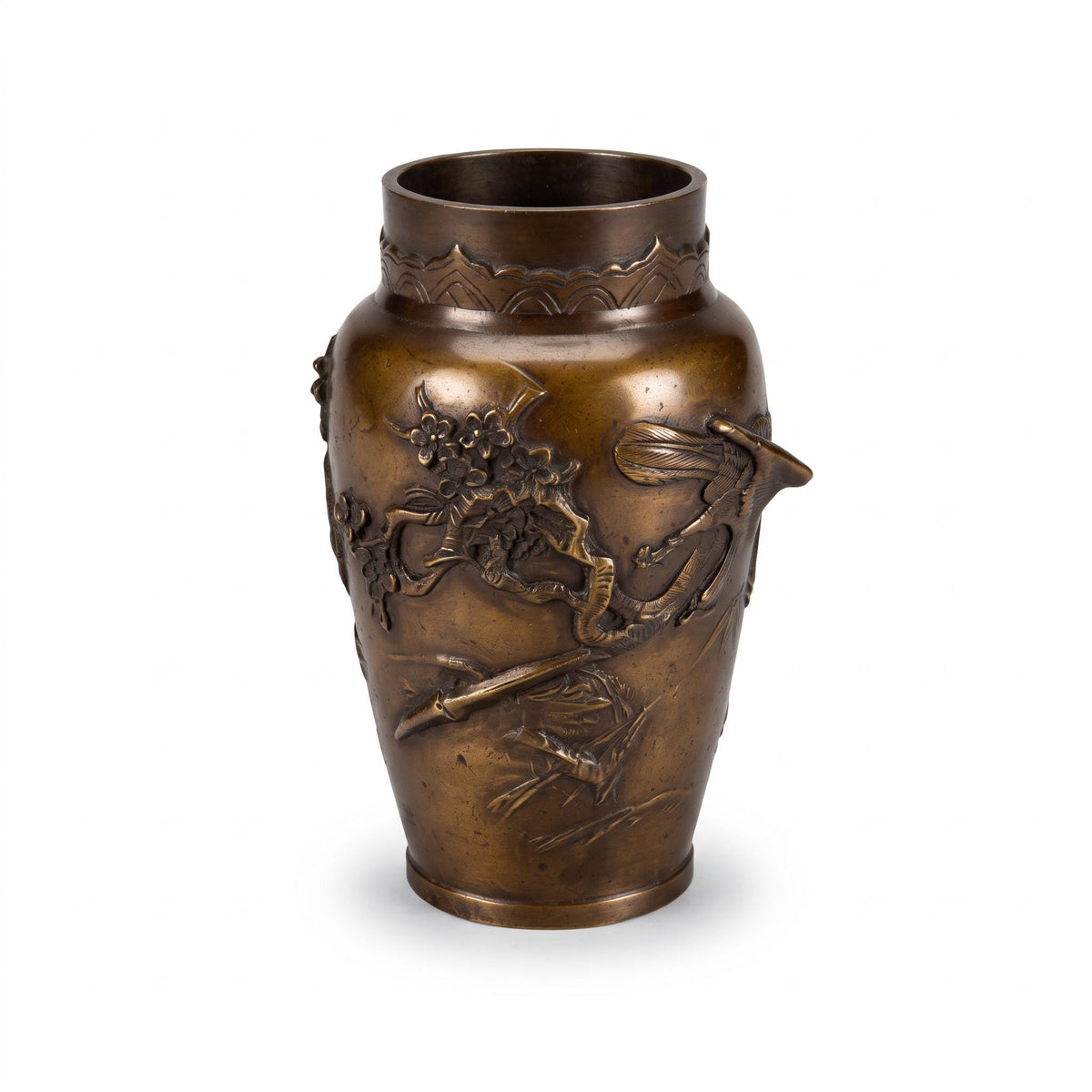 Vintage Asian Style Patinated Metal Baluster Vase with Bird and Blossom Branch in Relief