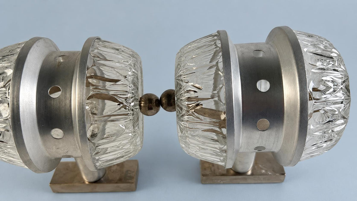 Vintage 1970s Pair of Small Aluminium-Tone and Moulded Glass Wall Sconces with Ball Finials