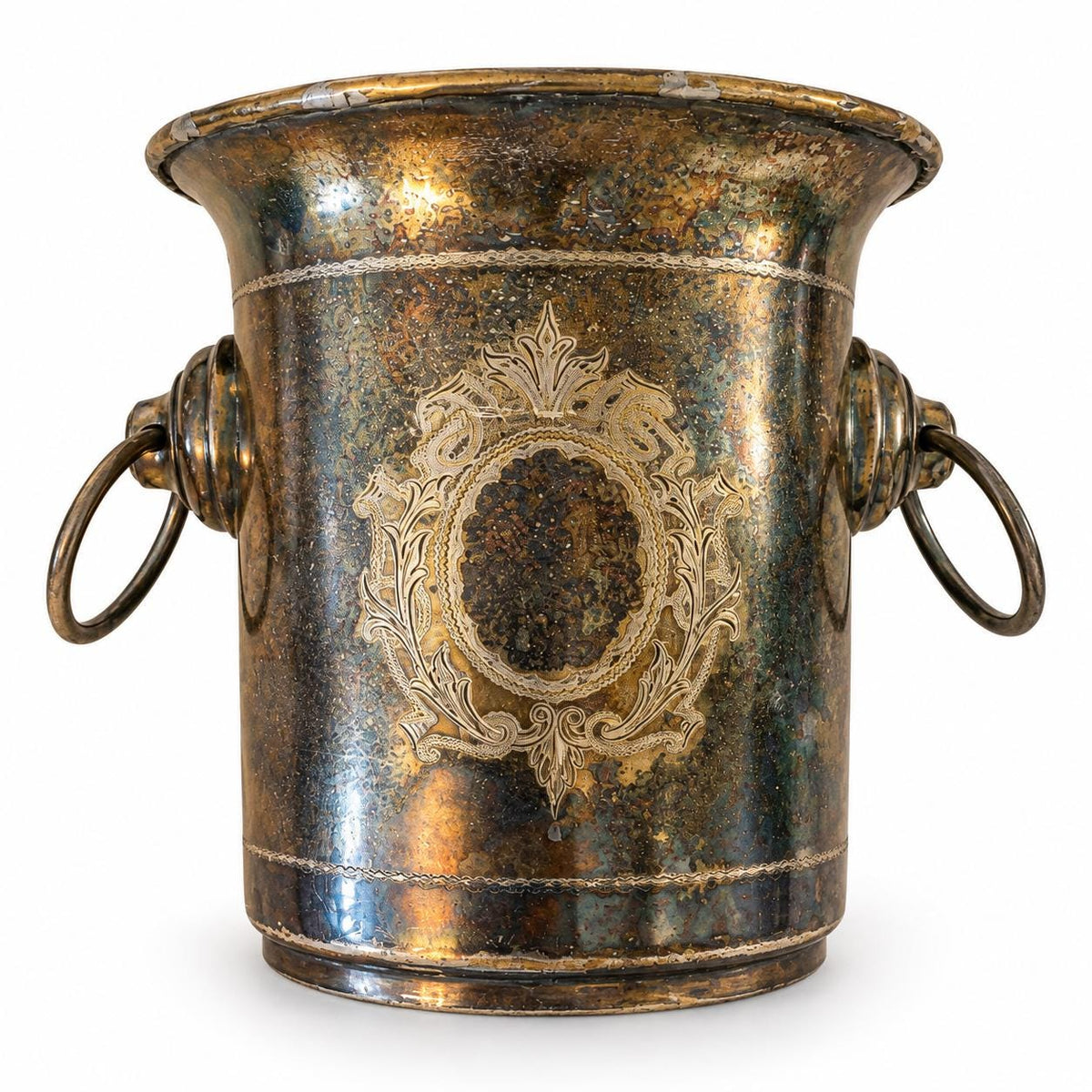 Vintage Silver-Tone Champagne Bucket with Engraved Scroll Cartouche and Ring Handles, Early 20th Century