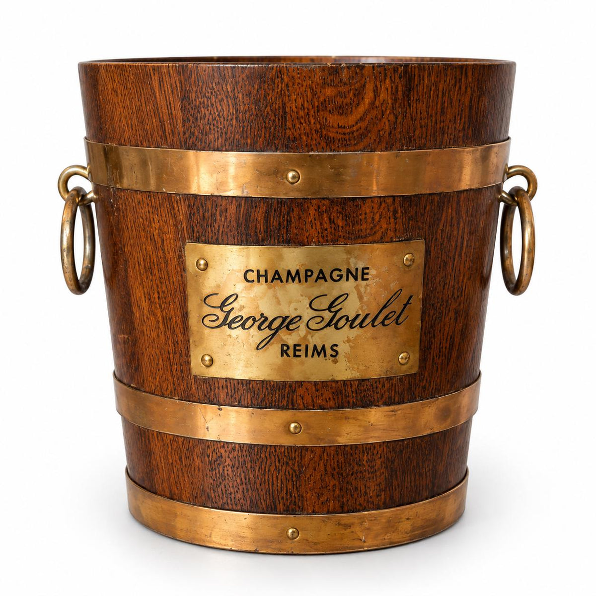 Vintage George Goulet Champagne Advertising Bucket, Coopered Wooden Staves with Copper-Tone Bands and Ring Handles