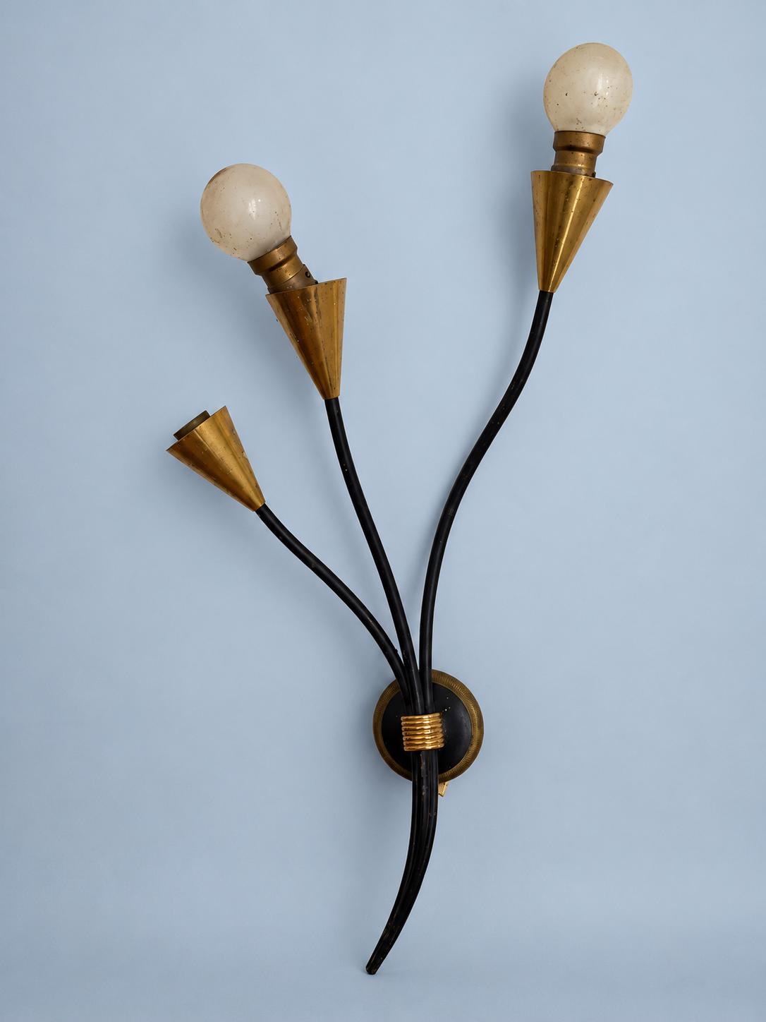 Vintage Three-Arm Wall Sconce, Black Branching Metal and Brass Cone Cups, Single Space Age Style Light