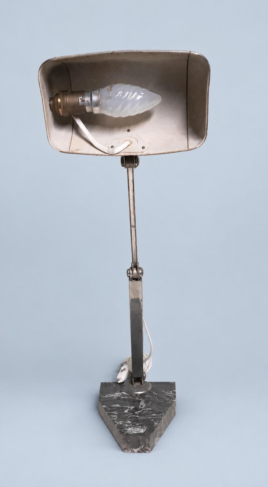 Art Deco Articulated Metal Desk Lamp, Black Veined Marble Base, Adjustable Hood, 1930s–40s Attribution