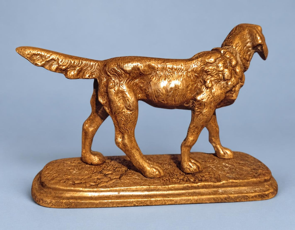 Vintage Setter Dog Sculpture, Gold-Tone Metal Hunting Dog on Naturalistic Base, Animalier Style, 20 cm