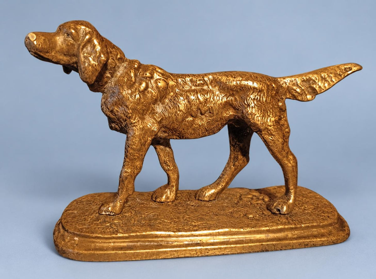 Vintage Setter Dog Sculpture, Gold-Tone Metal Hunting Dog on Naturalistic Base, Animalier Style, 20 cm