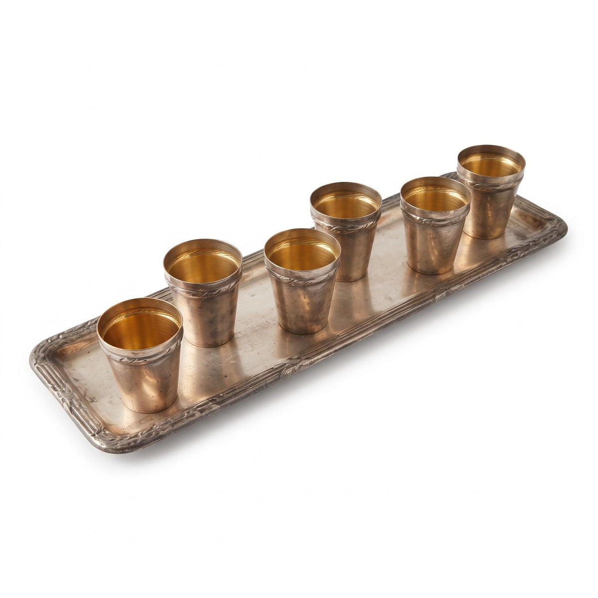 Vintage Silver-Tone Liqueur Set, Rectangular Tray with Reeded Border and Six Small Beakers with Laurel Bands