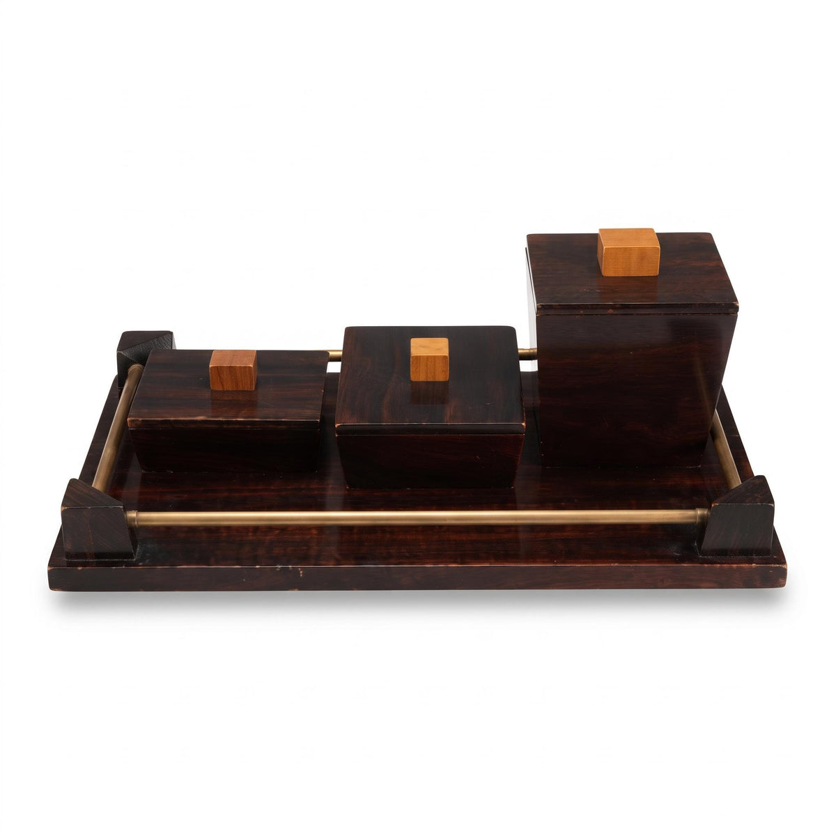 Vintage Art Deco Style Striped Wood Veneer Smoking Tray with Three Lidded Boxes and Brass-Tone Rails
