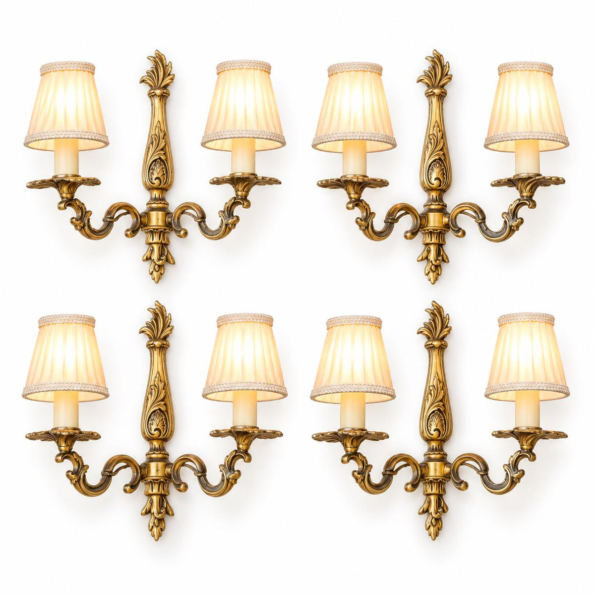 Vintage Set of Four Louis XV Style Brass-Tone Two-Arm Wall Sconces with Leaf-Shaped Drip Pans