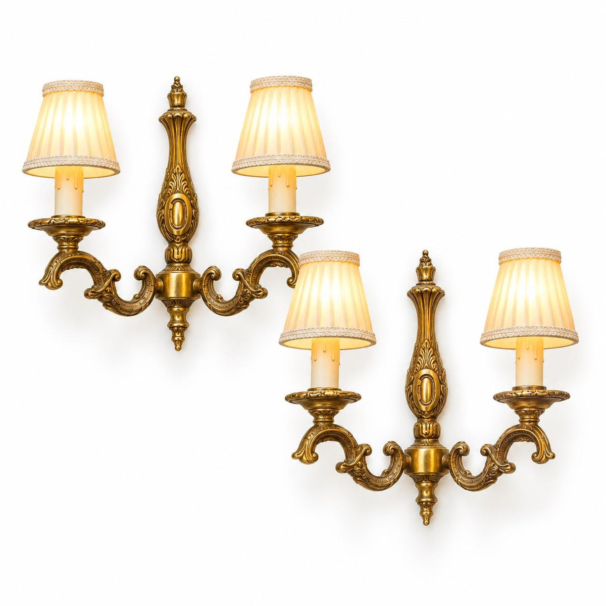 Vintage Pair of Louis XV Style Gilt Metal Two-Arm Wall Sconces with Cartouche Stem
