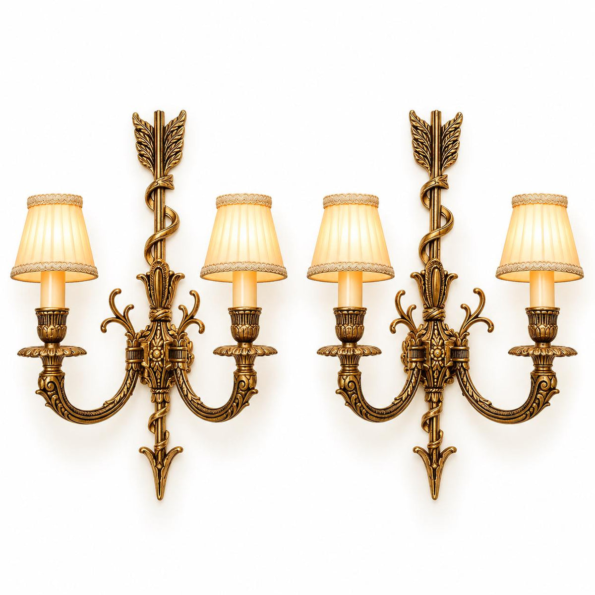 Vintage Pair of Louis XVI Style Gilt Metal Arrow and Ribbon Two-Arm Wall Sconces