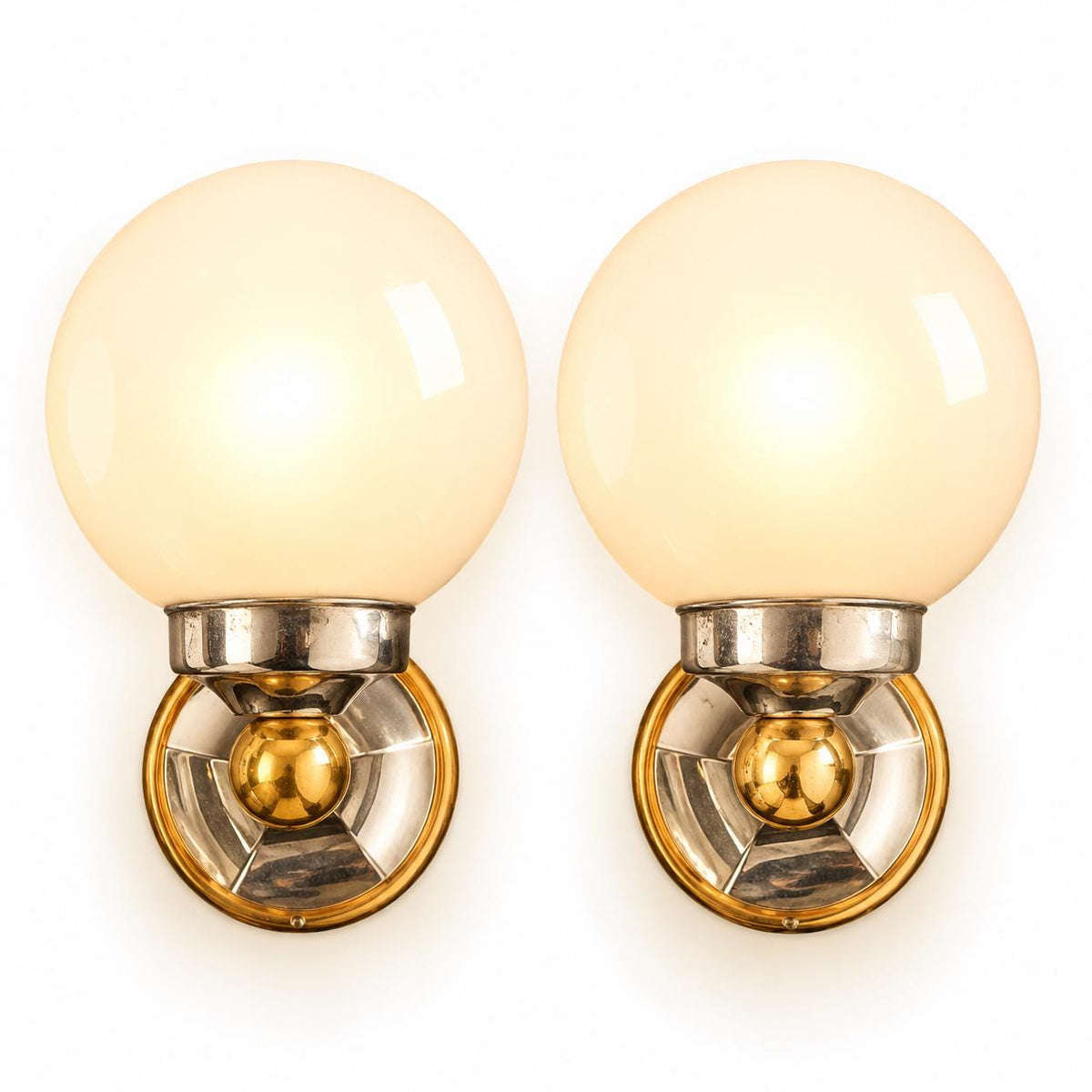 Vintage Pair of Mid-Century Brass-Tone Wall Sconces with White Glass Globes