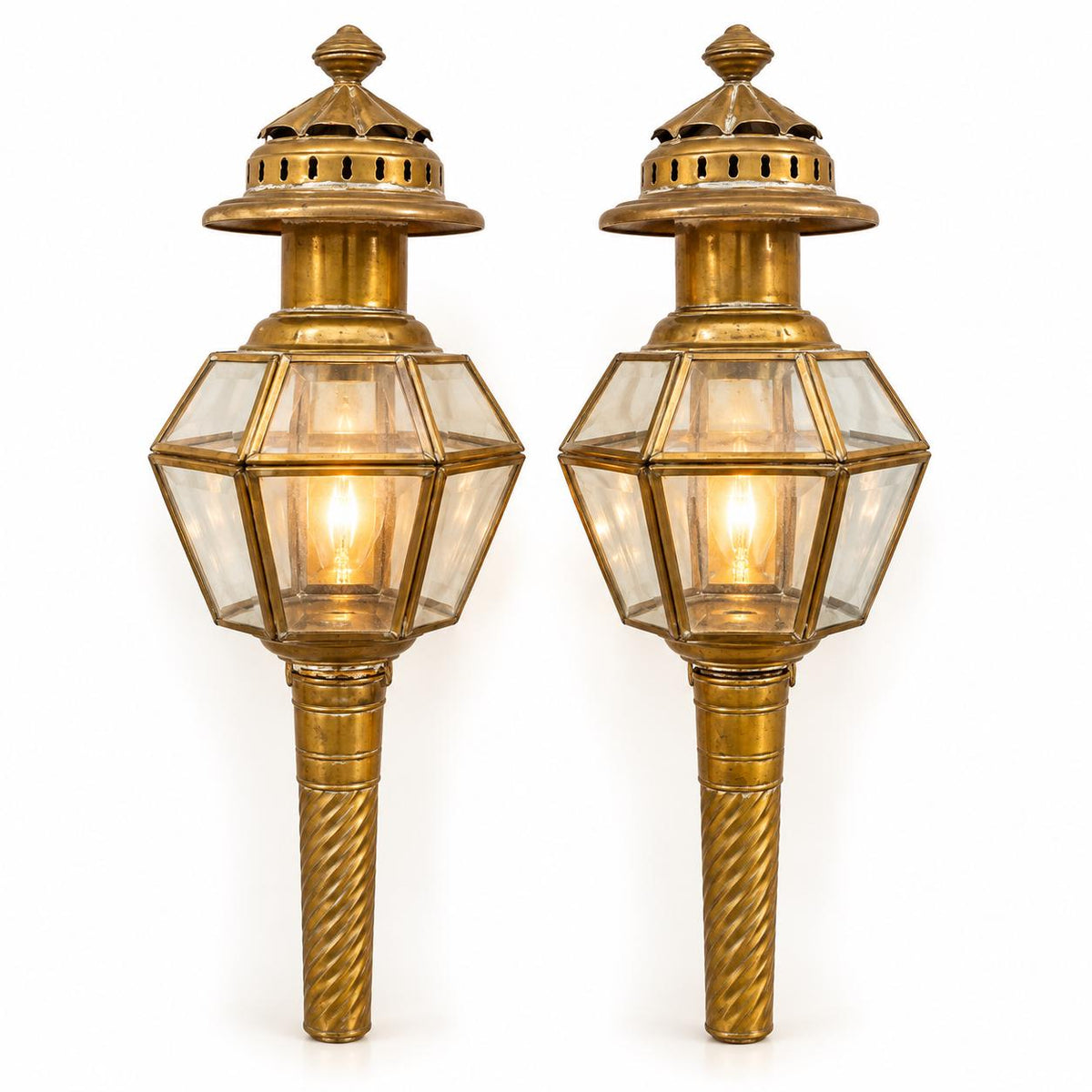 Vintage Pair of Brass-Tone Hexagonal Carriage-Style Wall Lanterns with Glass Panels