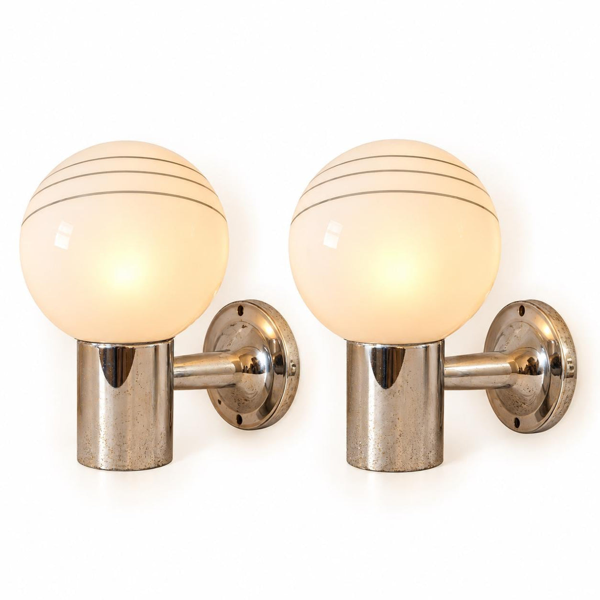 Pair of Vintage White Glass Globe Wall Sconces, Three Curved Grey Stripes, Chrome-Tone Cylinders and Round Backplates