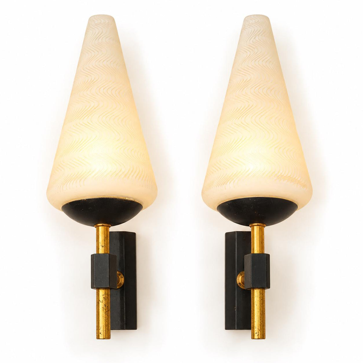 Vintage Pair of 1960s French Black and Brass-Tone Wall Sconces with White Textured Cone Glass Shades