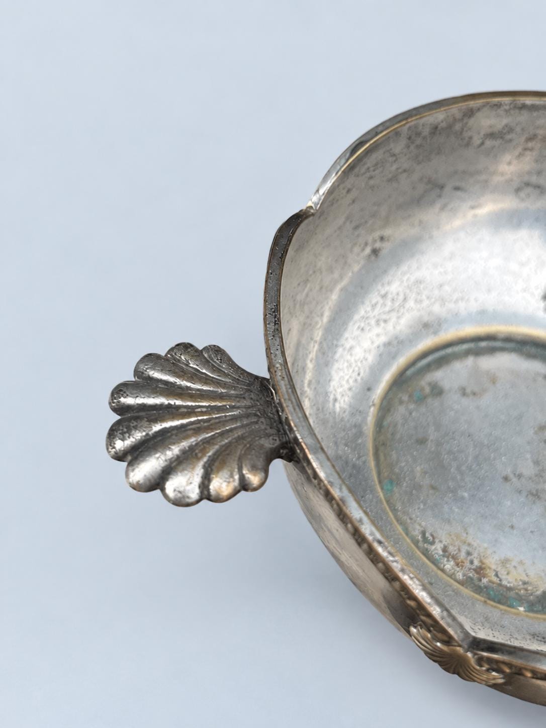 Vintage Small Lobed Dish with Shell Handles, Silver-Tone Metal Trinket Bowl with Gadrooned Border, 10.5 cm