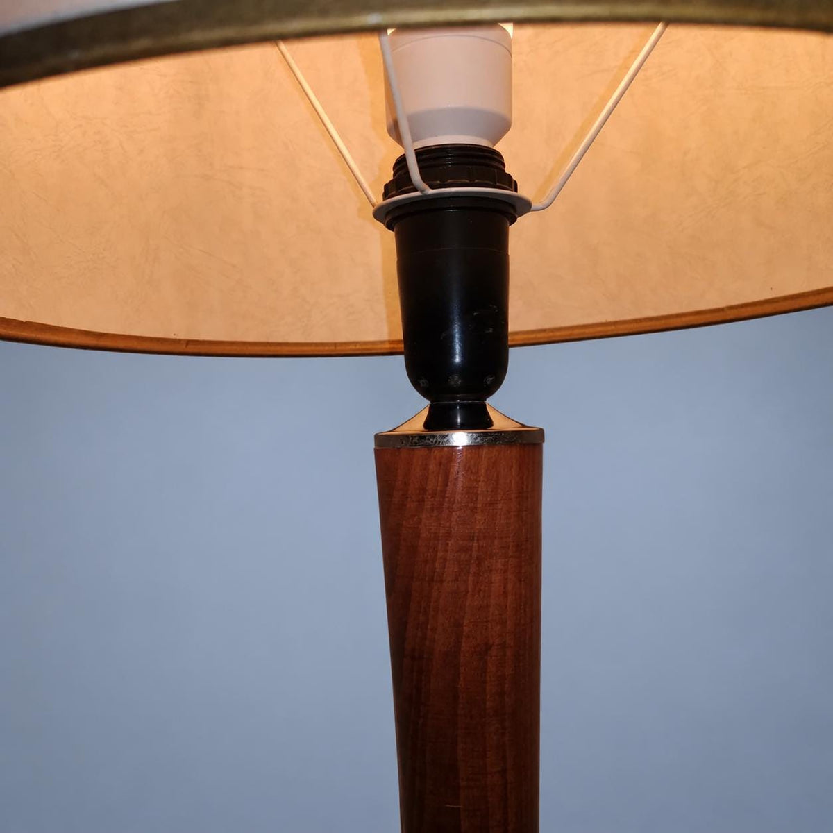 Vintage Large Table Lamp, Attributed 1960s–70s, Tapered Stained Beech Column with Chrome Details, Cream Drum Shade, 68 cm