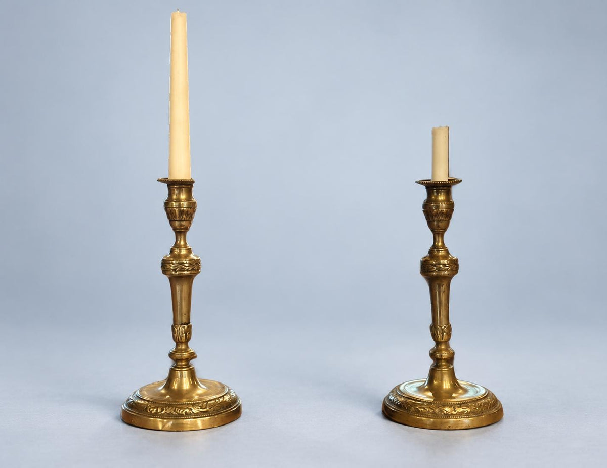 Vintage Pair of Louis XVI Style Brass Candlesticks with Oak Leaf and Beaded Friezes, Bobèches, 26.5 cm