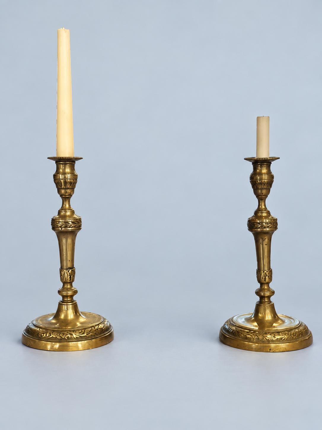 Vintage Pair of Louis XVI Style Brass Candlesticks with Oak Leaf and Beaded Friezes, Bobèches, 26.5 cm