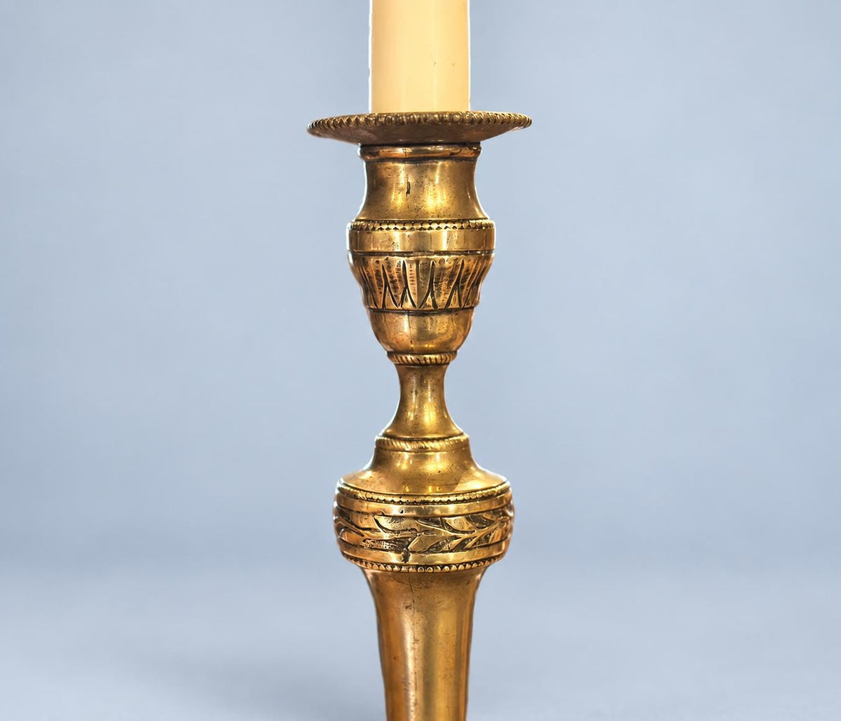 Vintage Pair of Louis XVI Style Brass Candlesticks with Oak Leaf and Beaded Friezes, Bobèches, 26.5 cm