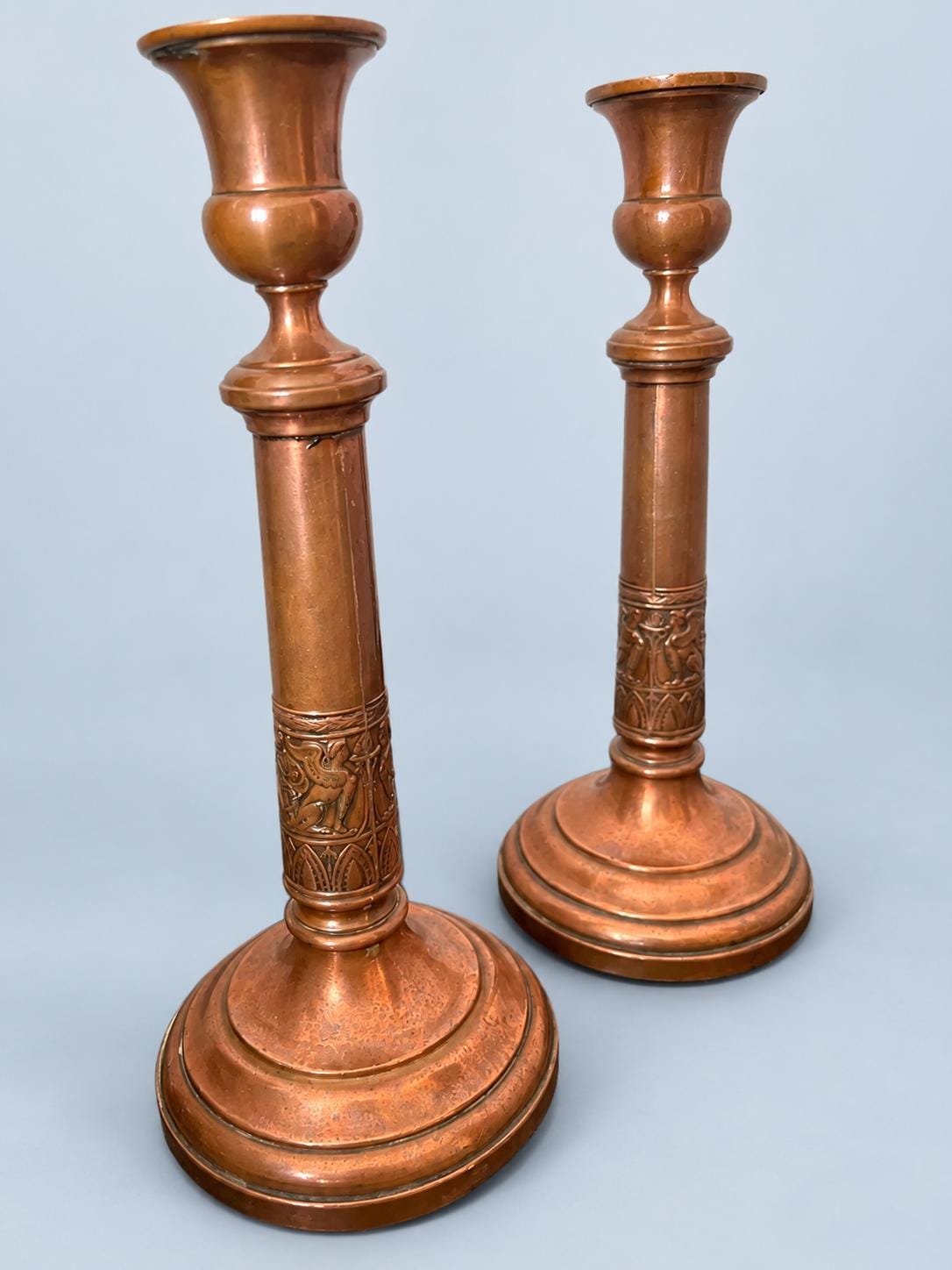 Vintage Pair of Empire Style Candlesticks, Copper-Tone Metal with Figural Relief Band, Urn Candle Cups, 27.5 cm