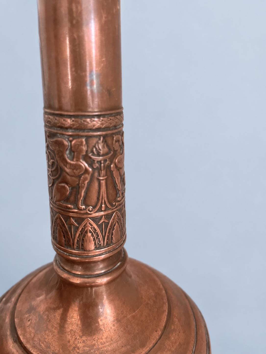 Vintage Pair of Empire Style Candlesticks, Copper-Tone Metal with Figural Relief Band, Urn Candle Cups, 27.5 cm