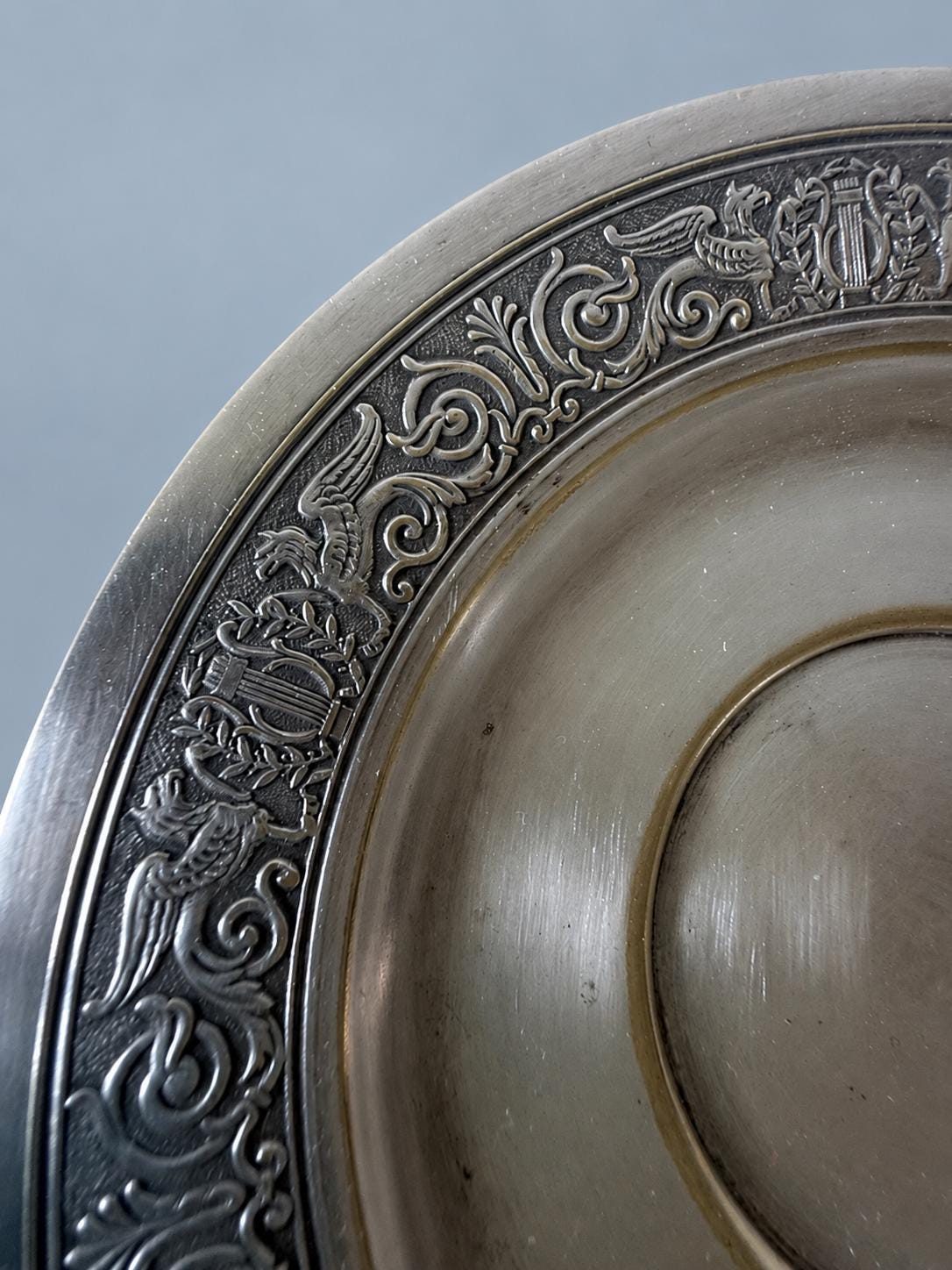 Vintage Empire Style Footed Dish with Griffin and Lyre Frieze, Silver-Tone Metal Pedestal Coupe, 15.5 cm