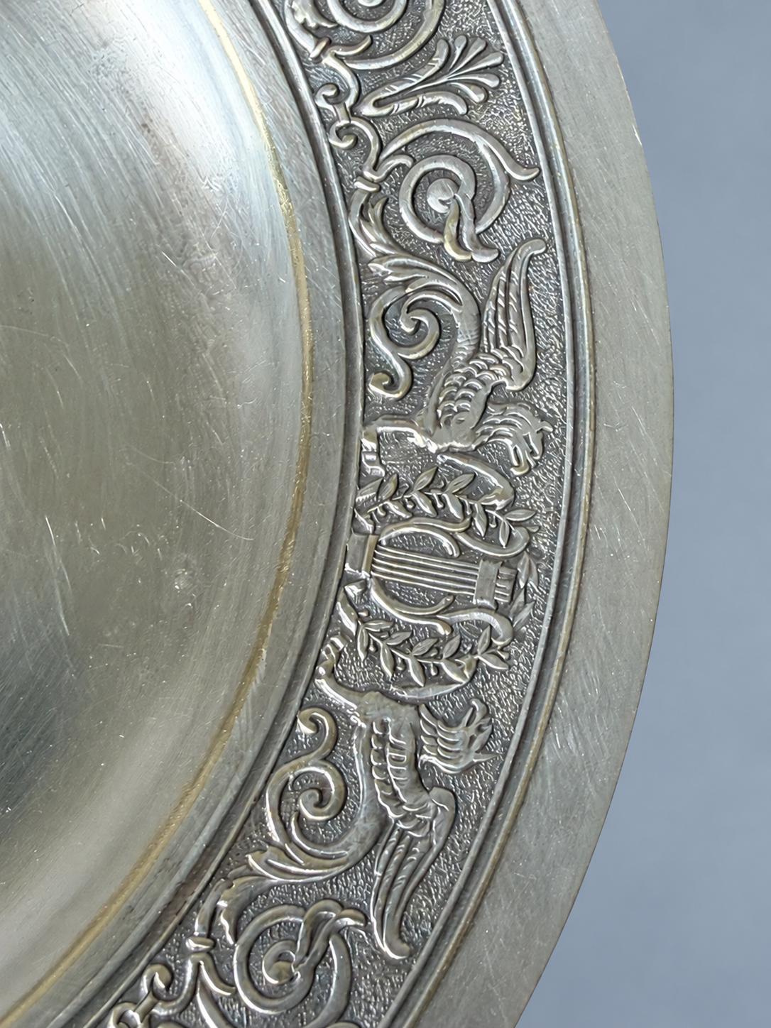 Vintage Empire Style Footed Dish with Griffin and Lyre Frieze, Silver-Tone Metal Pedestal Coupe, 15.5 cm