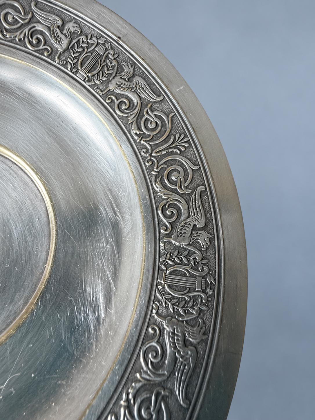 Vintage Empire Style Footed Dish with Griffin and Lyre Frieze, Silver-Tone Metal Pedestal Coupe, 15.5 cm