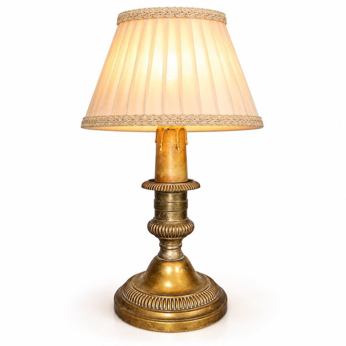 Antique Large Bronze-Tone Candlestick Table Lamp with Gadrooned Base and Drip Pan