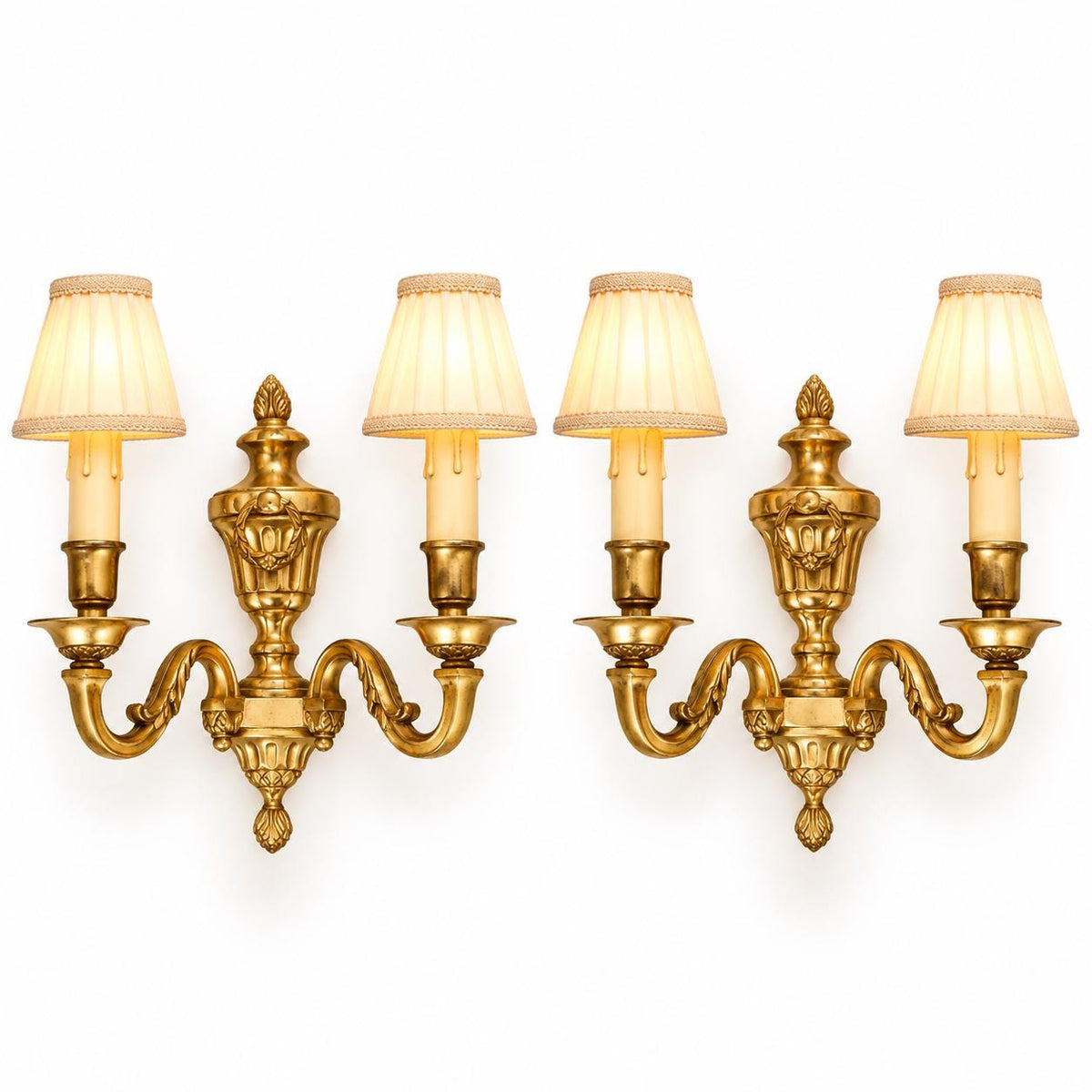Vintage Pair of French Louis XVI Style Gilt Metal Two-Arm Wall Sconces with Urn and Laurel Wreath