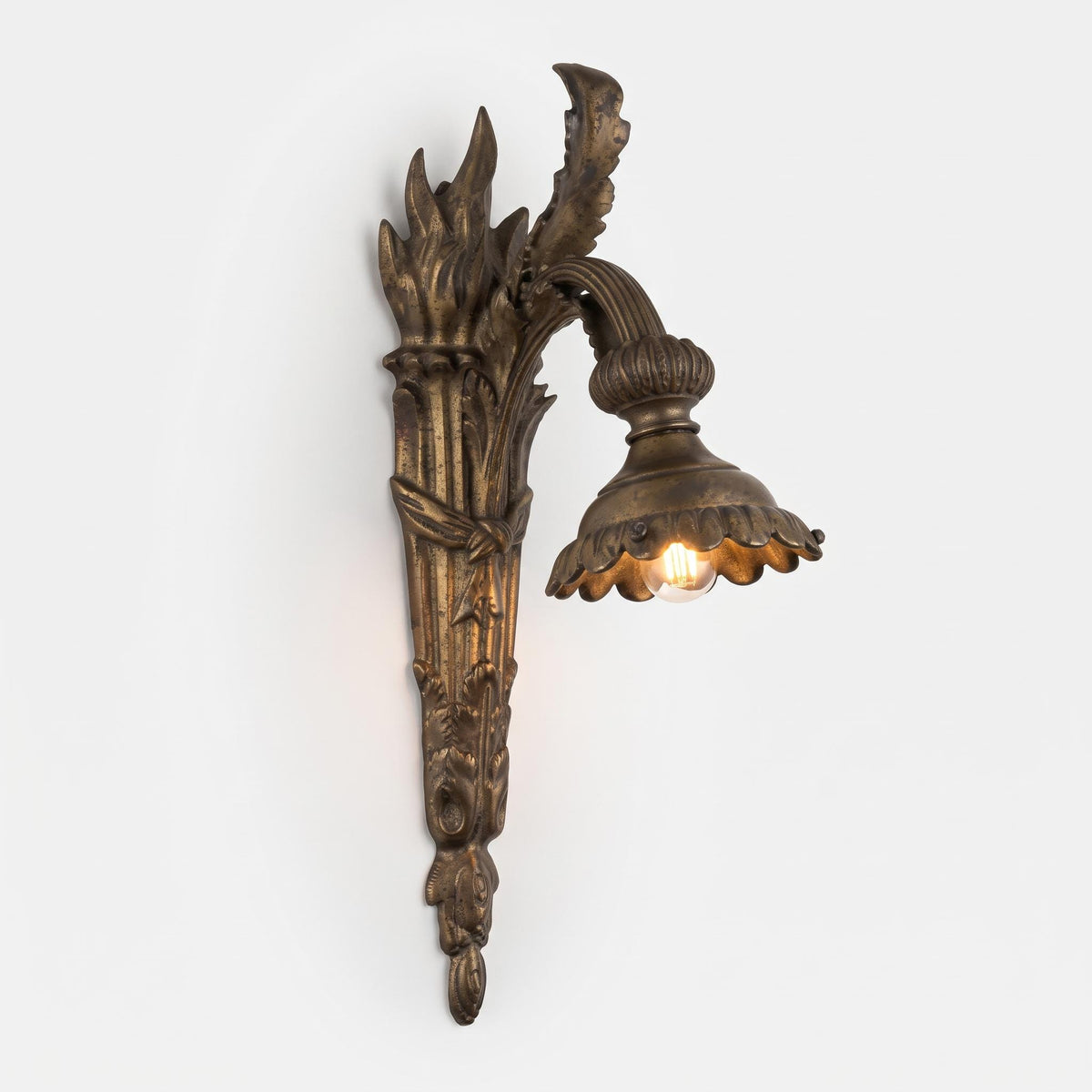 Vintage Single Louis XVI Style Bronze-Tone Torch Wall Sconce with Acanthus Arm and Hanging Shade Holder