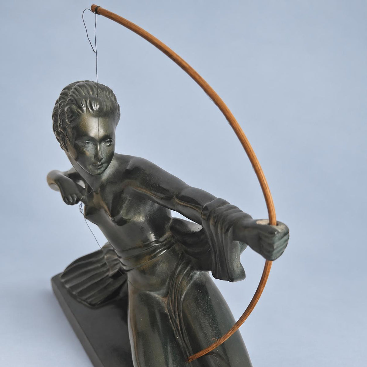 Art Deco Diana the Huntress Statue, Dark Green Patina Kneeling Archer Sculpture, Vintage