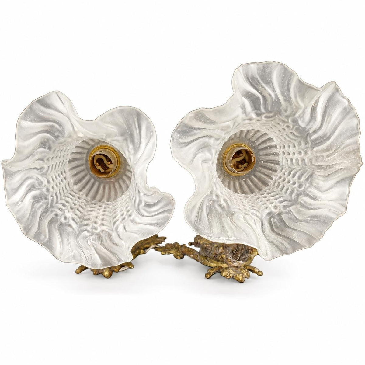 Vintage Pair of Louis XV Style Gilt Metal Wall Sconces with Ruffled Frosted Glass Tulip Shades