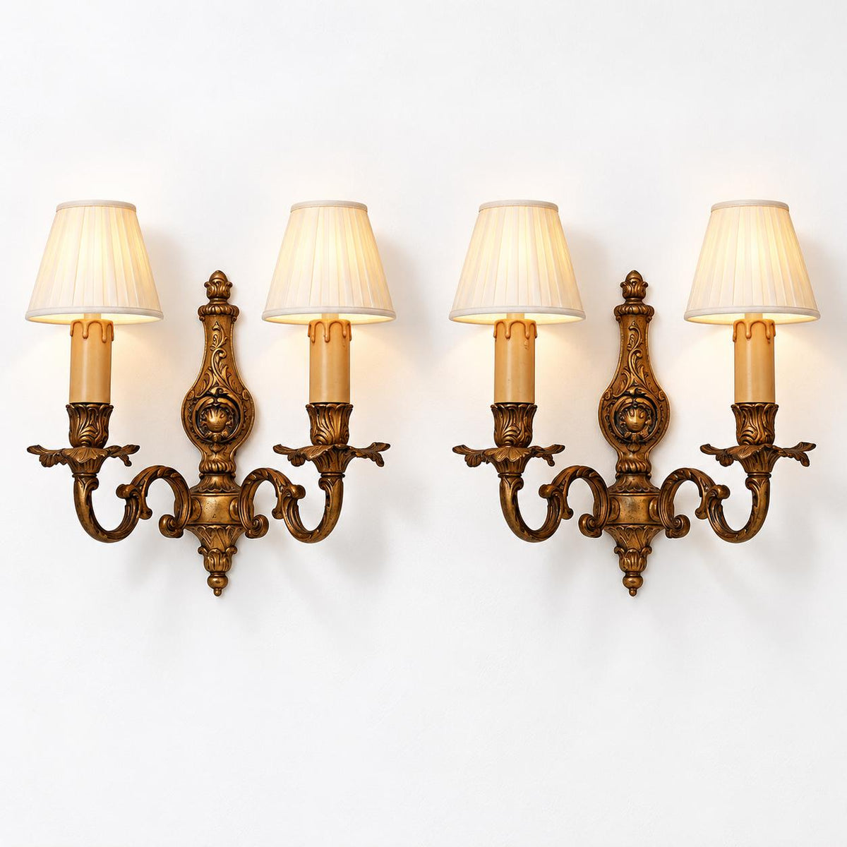 Vintage Pair of Louis XV Style Gilt Metal Two-Arm Wall Sconces with Shell Cartouche Stem