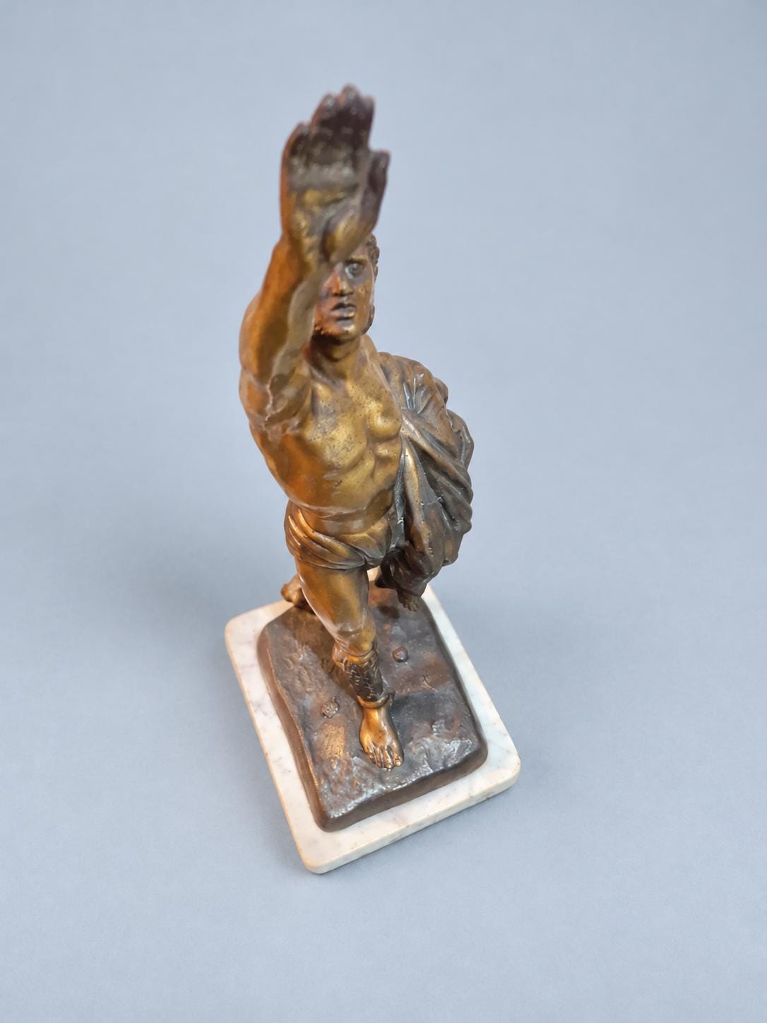 Mythological Warrior Statue Carrying a Woman, Gold-Tone Spelter on Marble Base, Vintage
