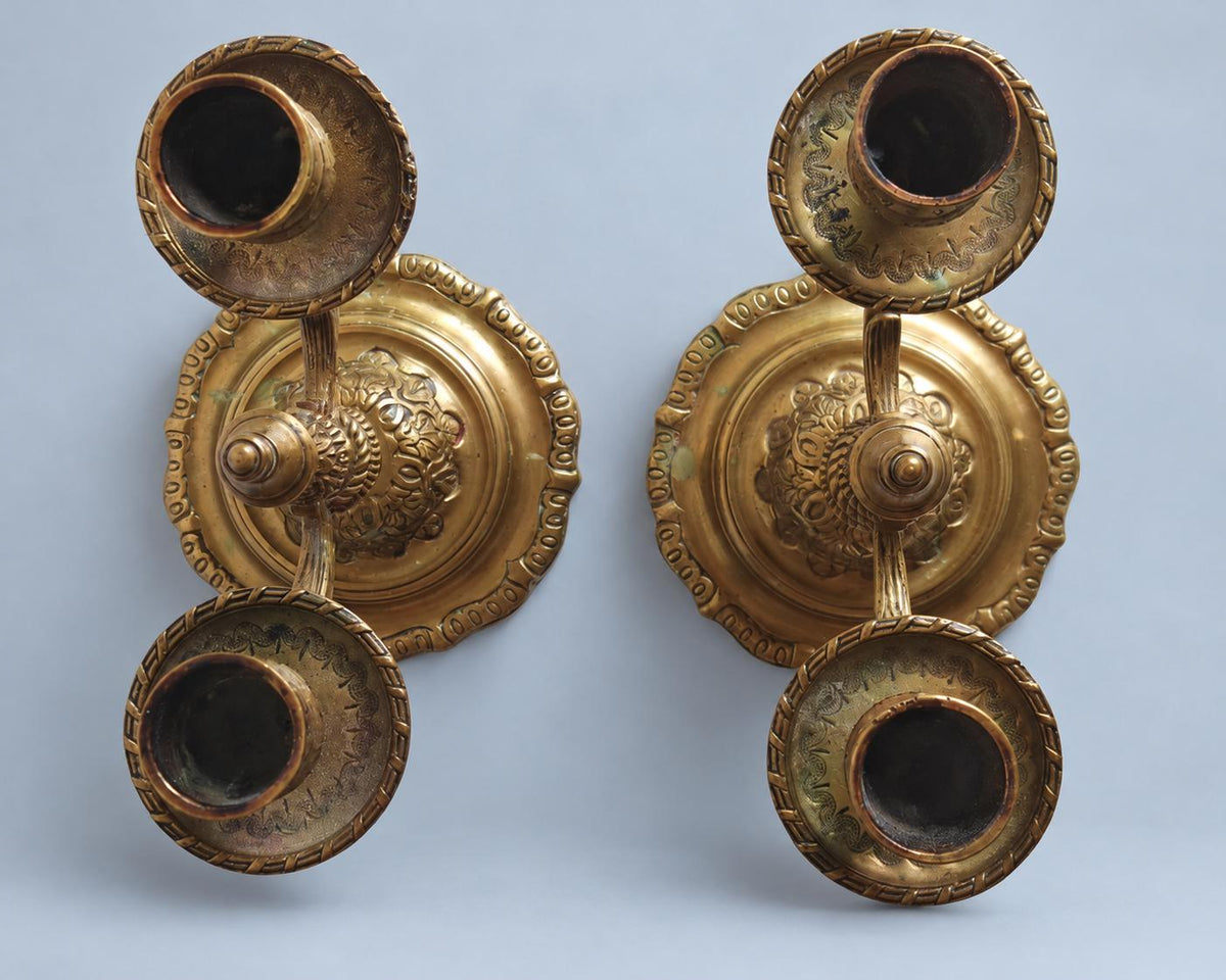 Pair of Vintage Gilt Brass Two-Arm Candelabra with Urn Finial, Louis XV Style Candle Holders on Lobed Bases, Mantel or Table Decor