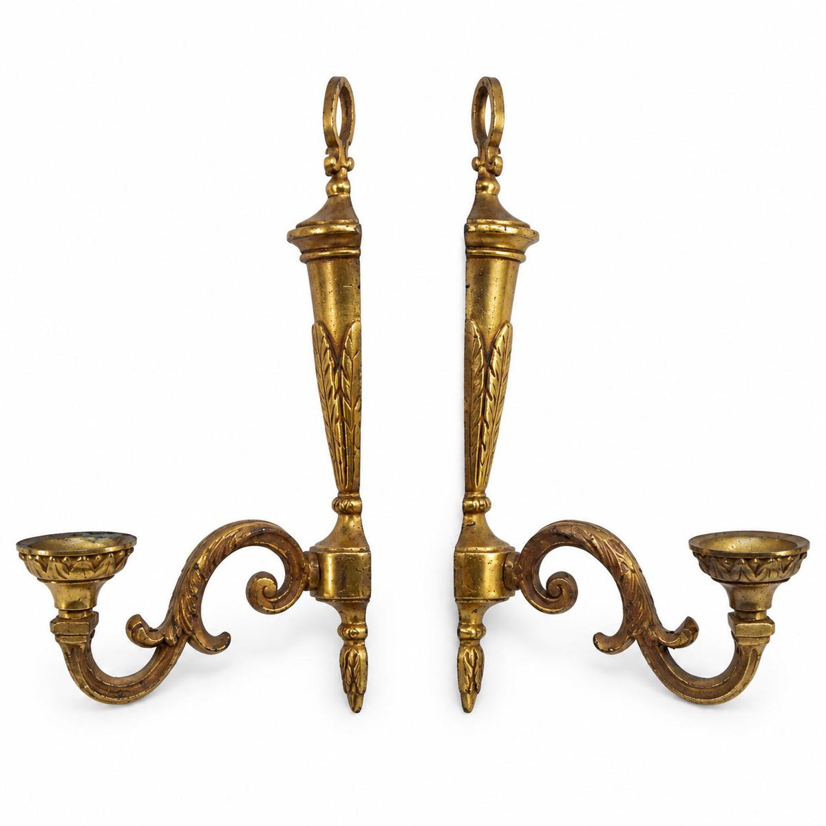 1950s Brass and Bronze Wall Sconce Pair, Louis XVI Style Leaf Quiver Backplates and Single Scroll Arms