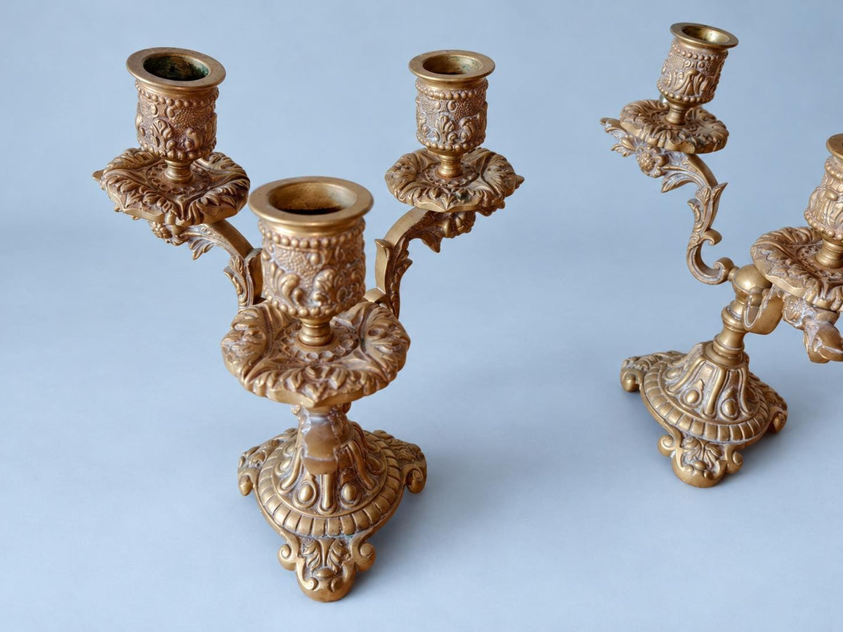 Pair of Vintage Bronze Three-Arm Candelabra, Rococo Style Ornate Candle Holders on Scrolled Feet, Mantel or Dining Table Centrepiece