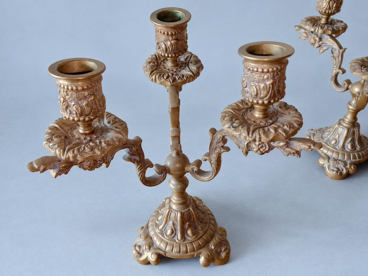 Pair of Vintage Bronze Three-Arm Candelabra, Rococo Style Ornate Candle Holders on Scrolled Feet, Mantel or Dining Table Centrepiece