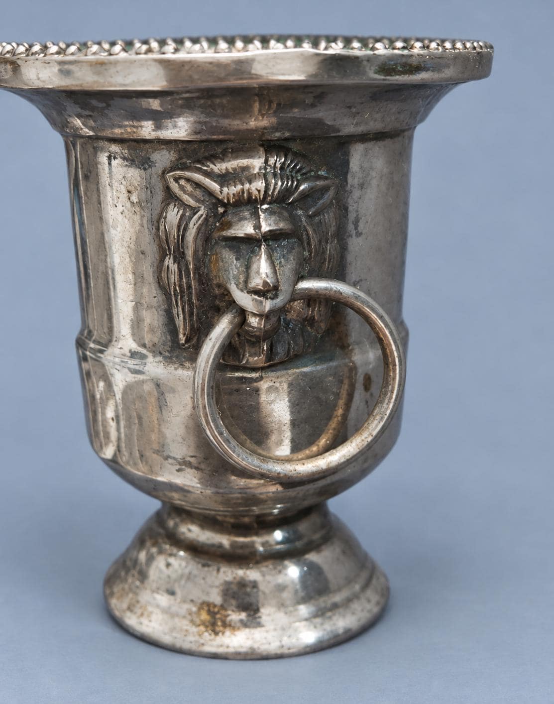 Vintage Silver-Plated Miniature Champagne Bucket with Lion Head Ring Handles, Small Toothpick or Bud Vase Holder, Barware Decor