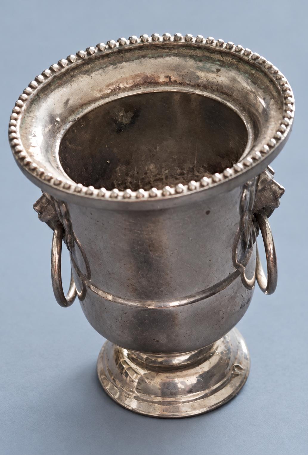 Vintage Silver-Plated Miniature Champagne Bucket with Lion Head Ring Handles, Small Toothpick or Bud Vase Holder, Barware Decor