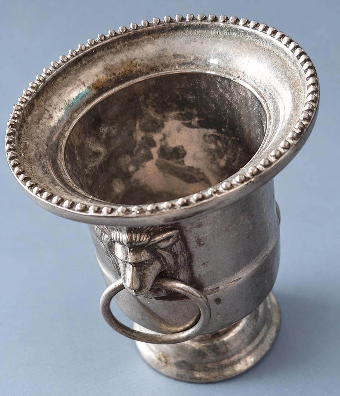 Vintage Silver-Plated Miniature Champagne Bucket with Lion Head Ring Handles, Small Toothpick or Bud Vase Holder, Barware Decor